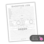 Shooting log sheet with various fields for recording shooting details on a white background.