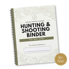A spiral-bound 'Hunting, Shooting & Firearms' planner binder with a cream cover featuring light gray topographic line art, black text, and an olive green banner. A gold circular badge in the corner reads '30+ PAGES'.