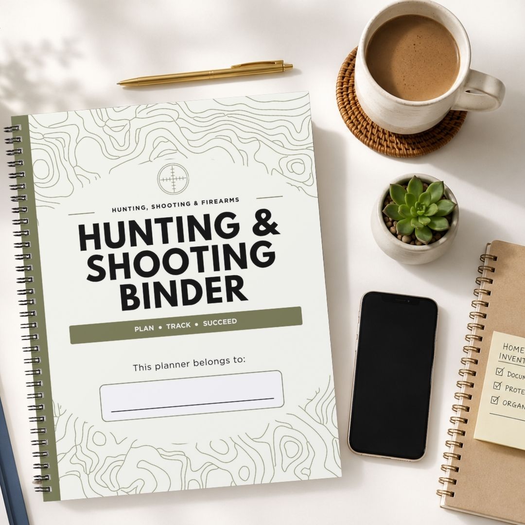 A spiral-bound 'Hunting & Shooting Binder' planner lies on a white desk surrounded by lifestyle props, including a cup of coffee, a pen, a smartphone, a small succulent, and another notebook.
