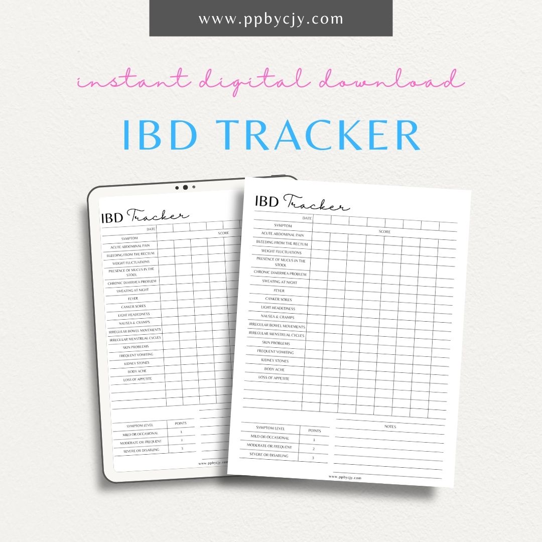 IBD Tracker Printable PDF Template for logging symptoms, medications, and diet related to Inflammatory Bowel Disease

