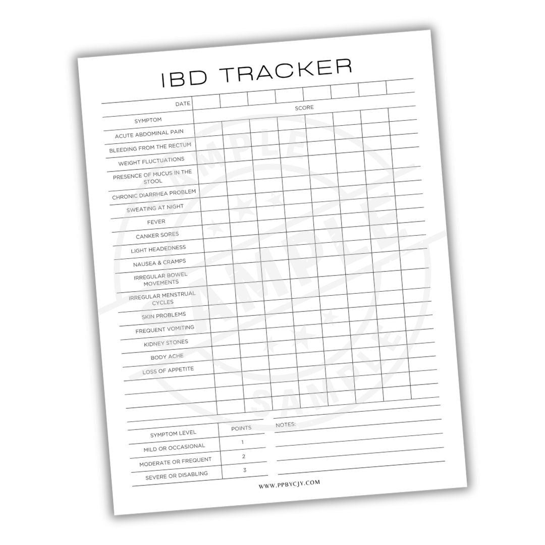 IBD Tracker sheet with symptoms, date, score, and notes columns on a white background