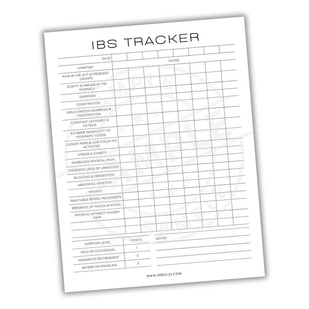 IBS Tracker sheet with columns for symptoms, dates, and notes on a white background