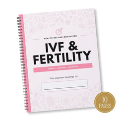 A spiral-bound IVF & Fertility Health Record Organizer notebook with a white cover decorated with light pink medical icons, bold black text, and a pink spine. A gold circular badge in the bottom right corner indicates '10 PAGES'.