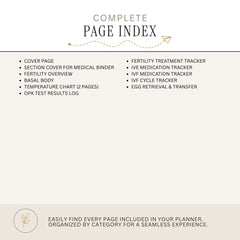 A page index cover for an infertility or medical planner, featuring a clean layout with a beige background. The top header reads 'COMPLETE PAGE INDEX' in dark green and black text, with bullet points listing included pages such as fertility trackers, temperature chart, basal body, and OPK test results log.