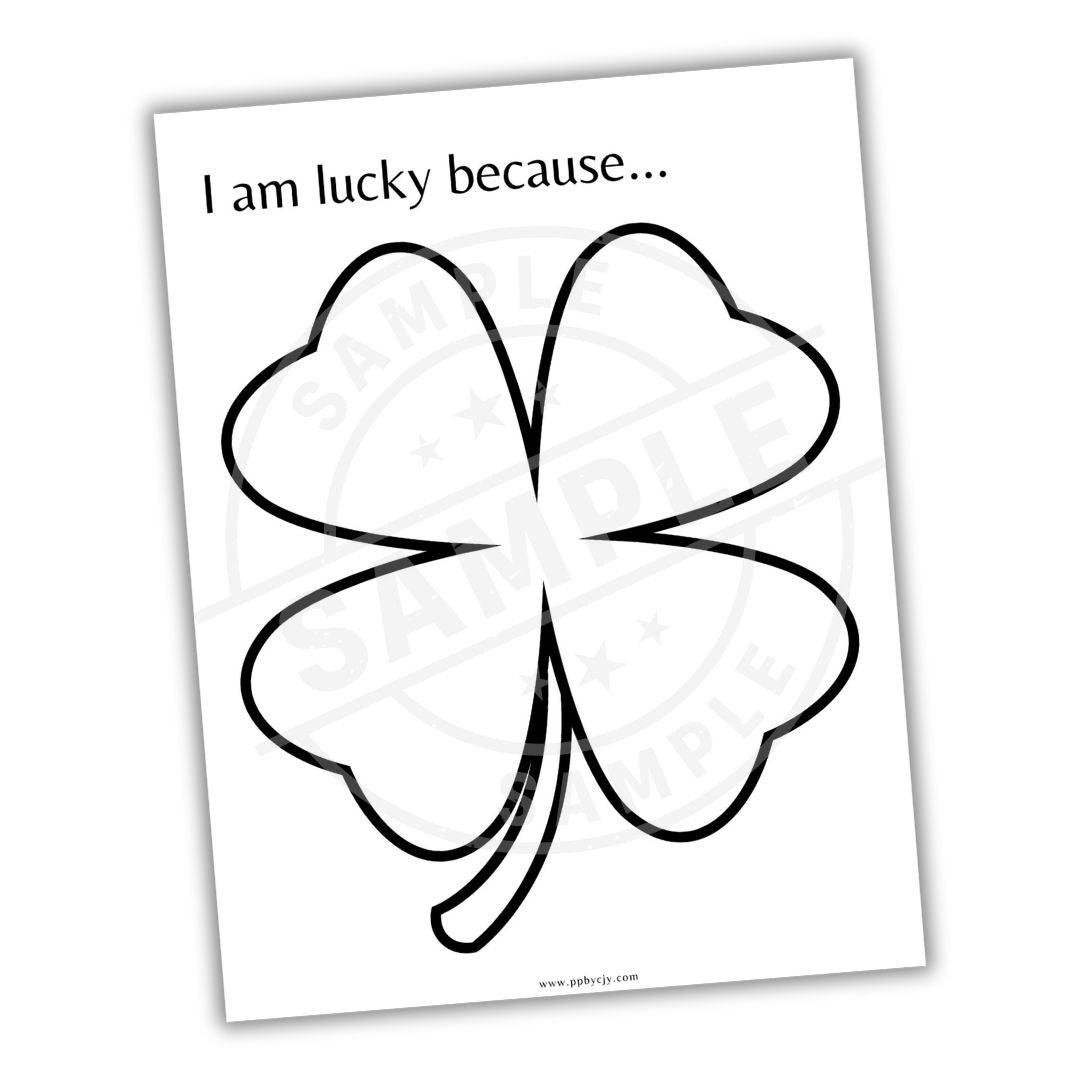 Black outline of a four-leaf clover on a white background with text 'I am lucky because...'.
