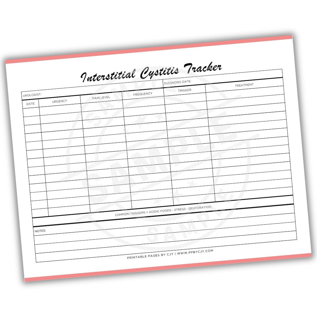 Interstitial Cystitis Tracker sheet with columns for date, urgency, pain level, frequency, trigger, and treatment.