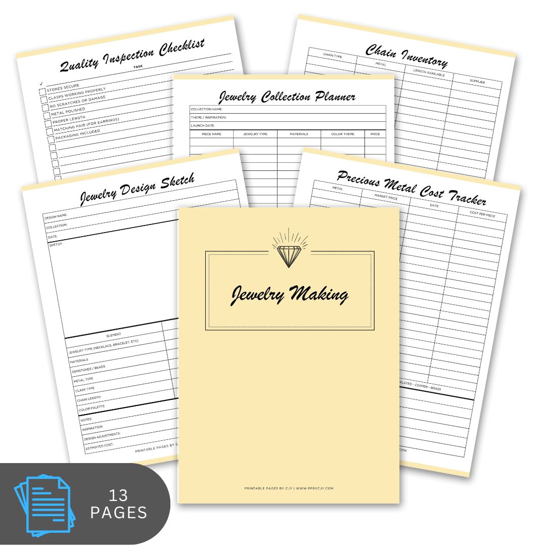 Jewelry making planner with various forms on a white background