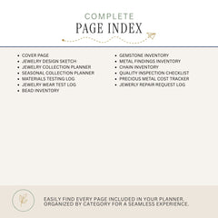 A digital preview of a 'Complete Page Index' for a jewelry planner, showing a list of included pages such as a cover page, jewelry collection planner, gemstone inventory, and quality inspection checklist on a beige background.