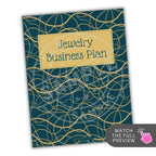 Jewelry Business Plan book with gold patterns on a blue background