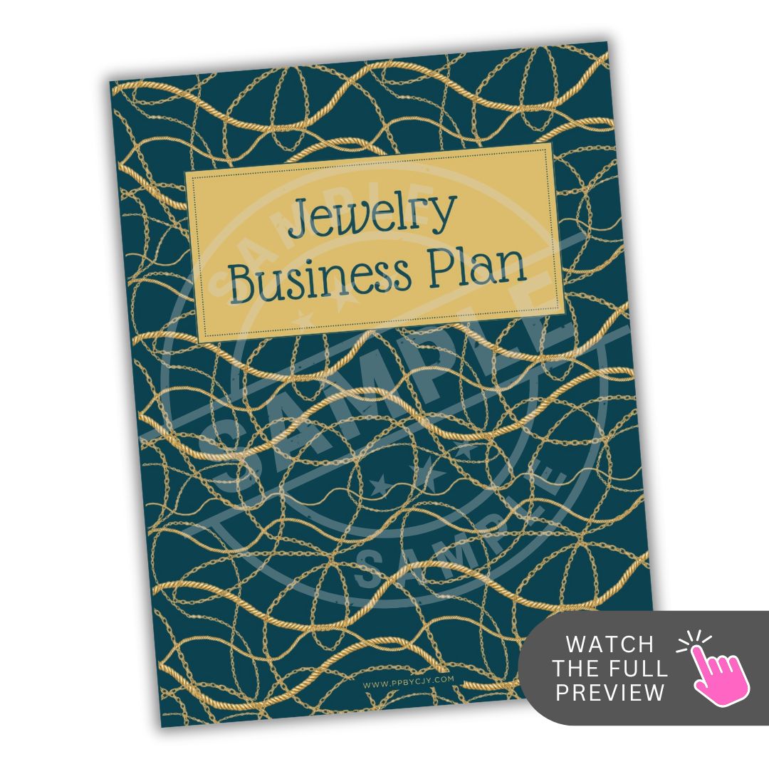 Jewelry Business Plan book with gold patterns on a blue background