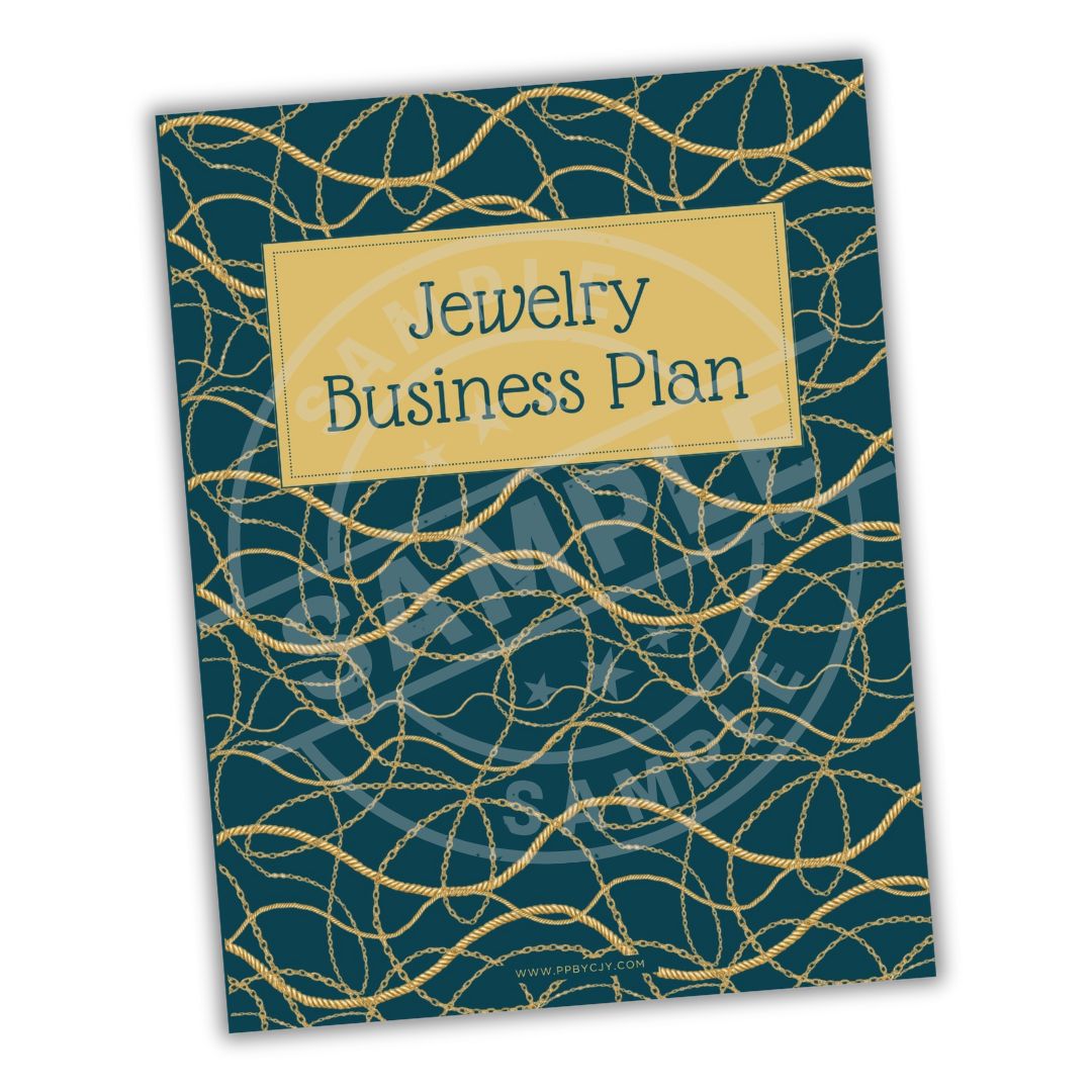 Jewelry Business Plan book with gold patterns on a blue background