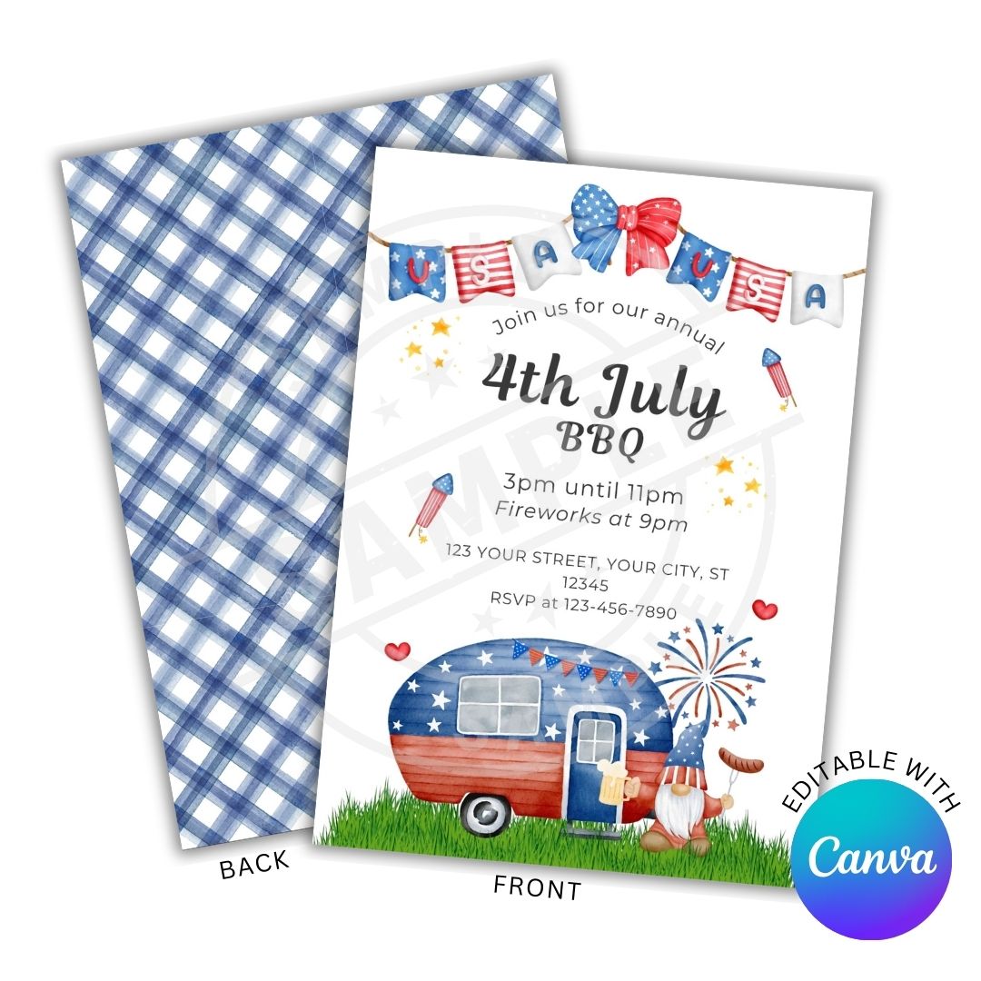 4th of July BBQ invitation with blue checkered envelope, gnomes, and camper illustration.