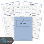 Job search planner with various tracking sheets on a white background