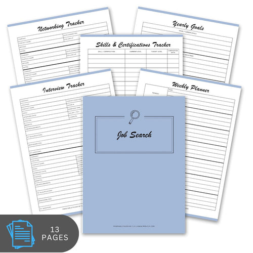 Job search planner with various tracking sheets on a white background