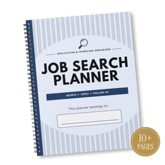 A spiral-bound Job Search Planner notebook with a white cover featuring blue stripes, bold black title text, and a gold circular badge in the corner that reads '10+ PAGES'.