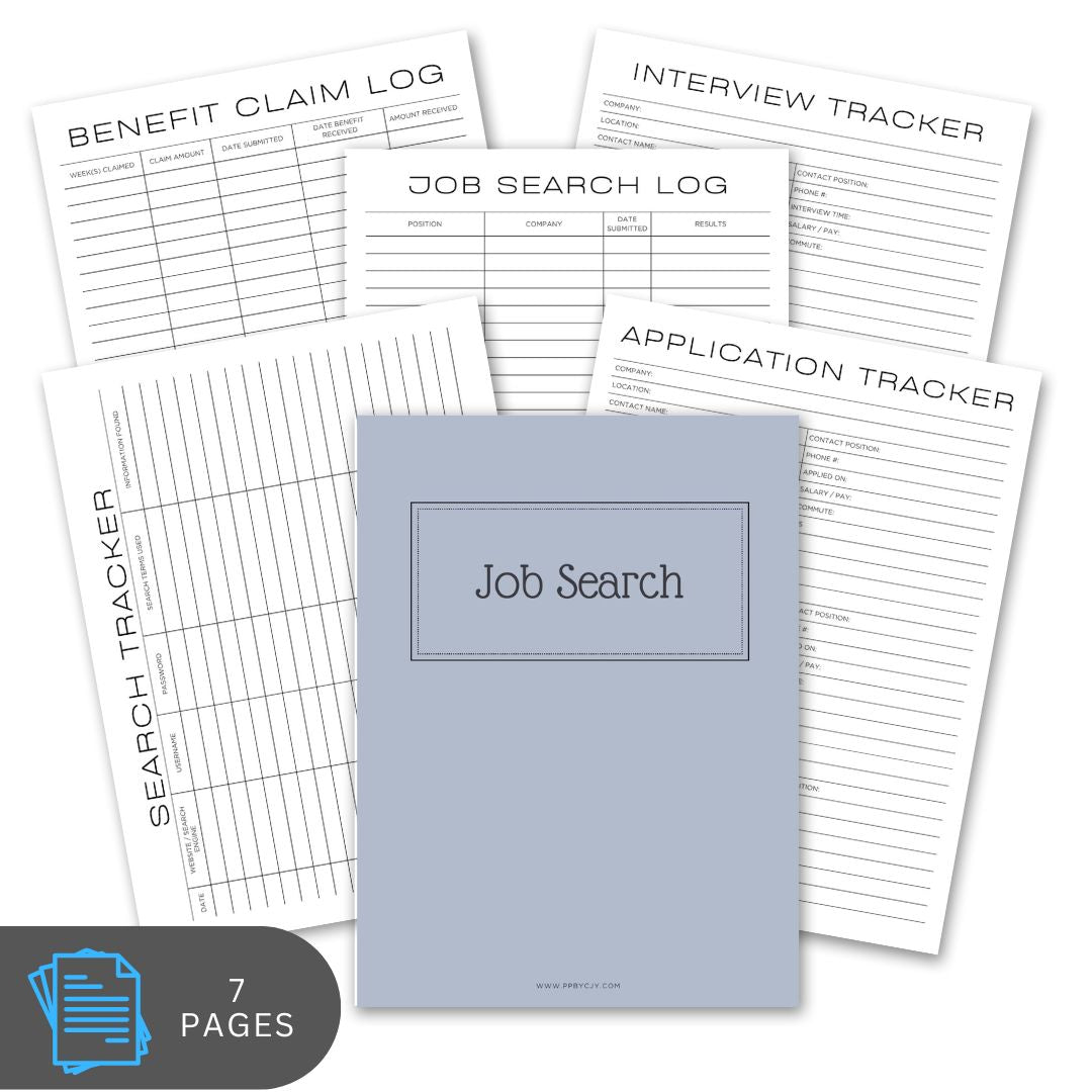 Job search tracking sheets and a notebook on a white background