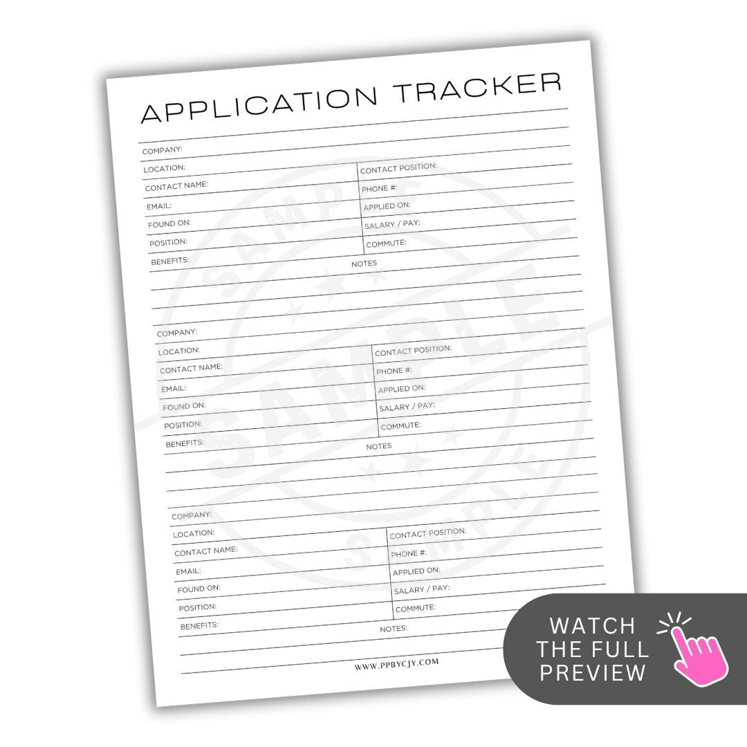 Application tracker sheet with columns for company, location, contact name, phone number, email, found on, position, salary offer, commute, and notes.