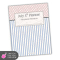 July 4th planner with red polka dot top section and blue striped bottom section on a white background.
