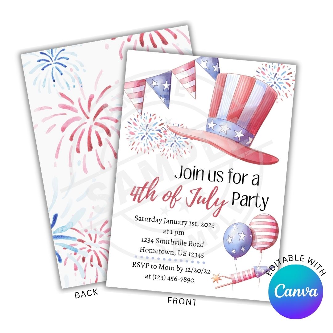 4th of July party invitation with American flag elements and Canva branding.