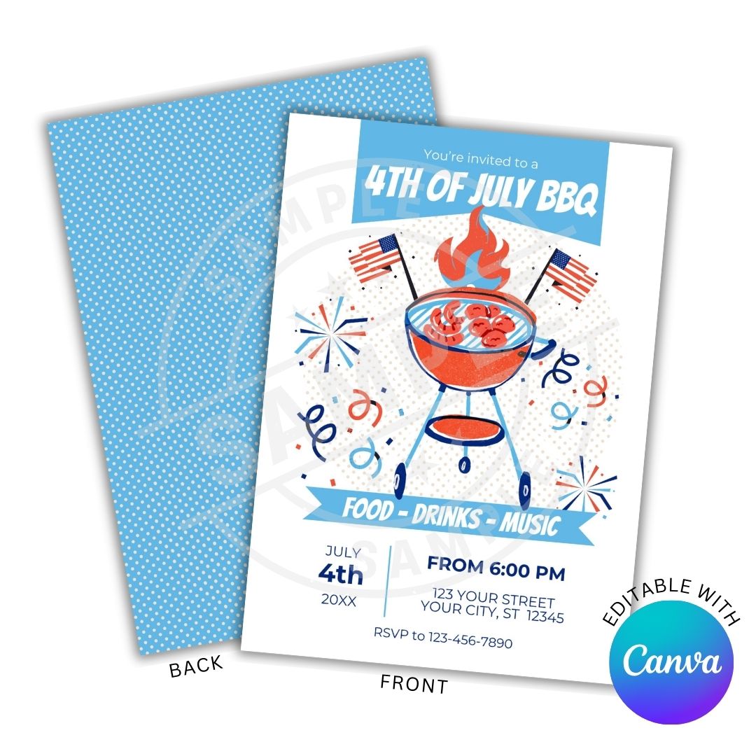 4th of July BBQ invitation with grill, flags, and fireworks on a white background