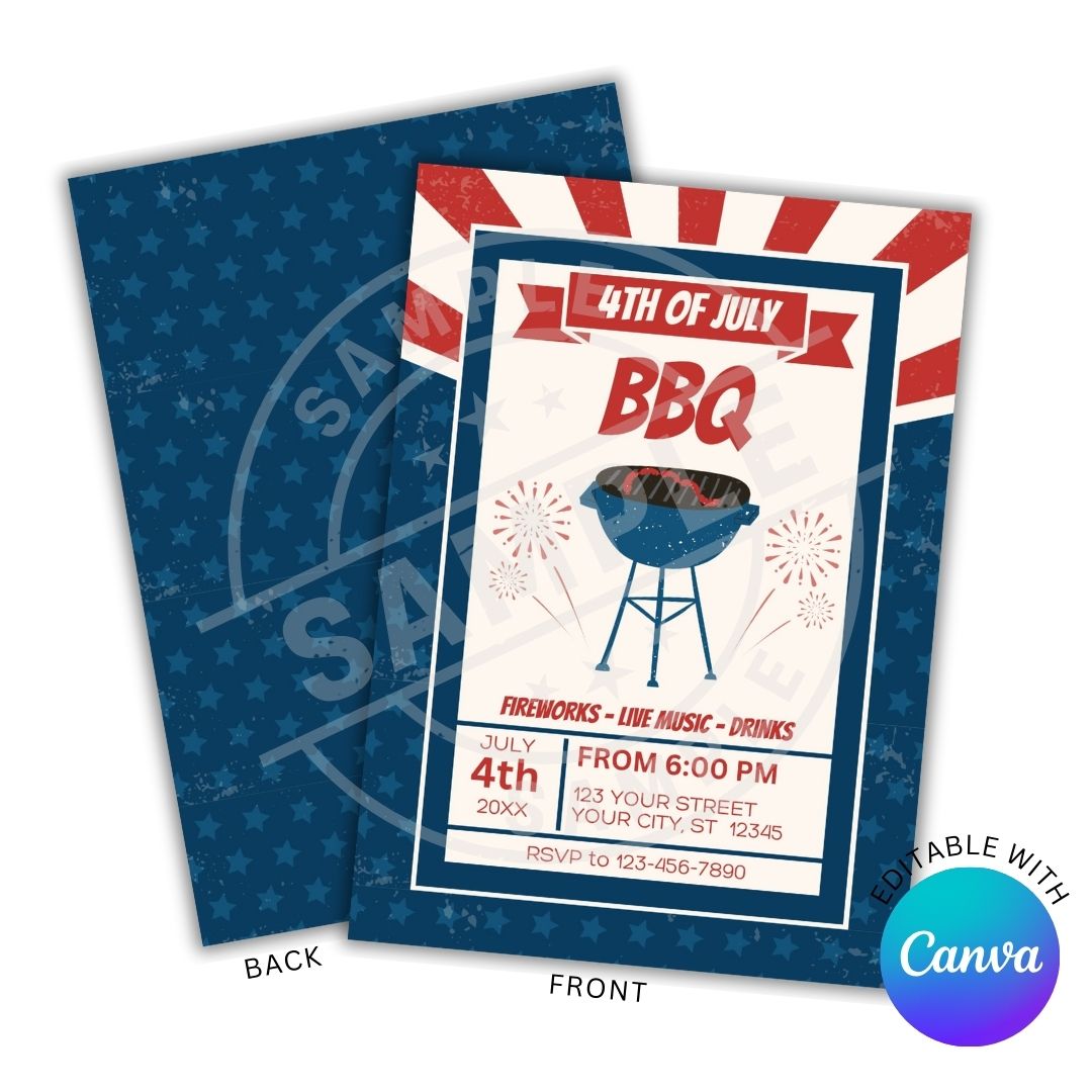4th of July BBQ invitation with blue stars on a white background