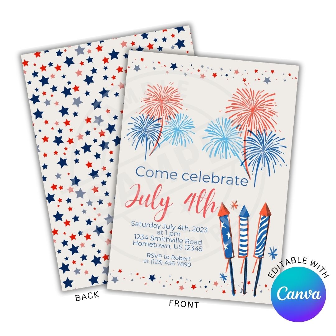 4th of July invitation with fireworks and stars, featuring Canva branding.