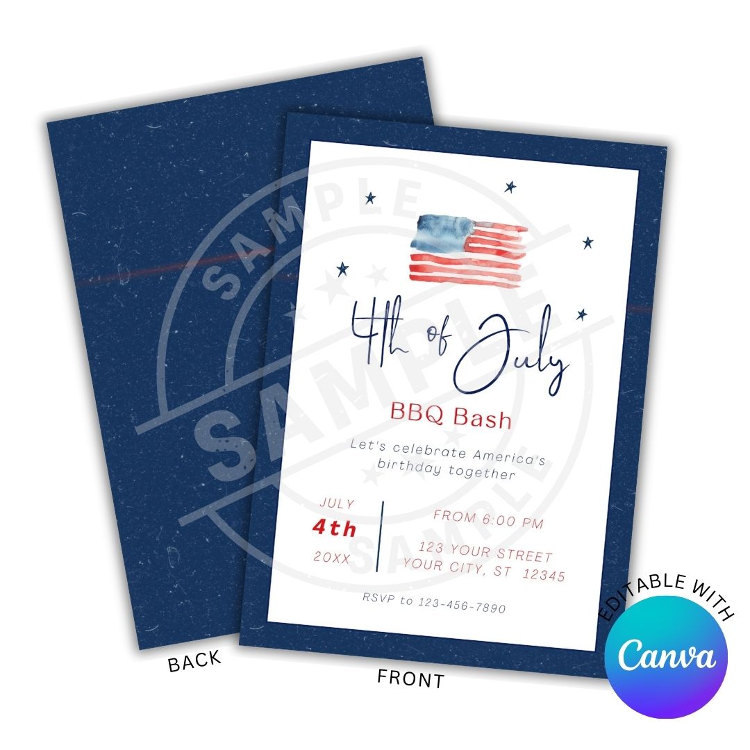 4th of July BBQ Bash invitation with American flag design on white cardstock with blue border.