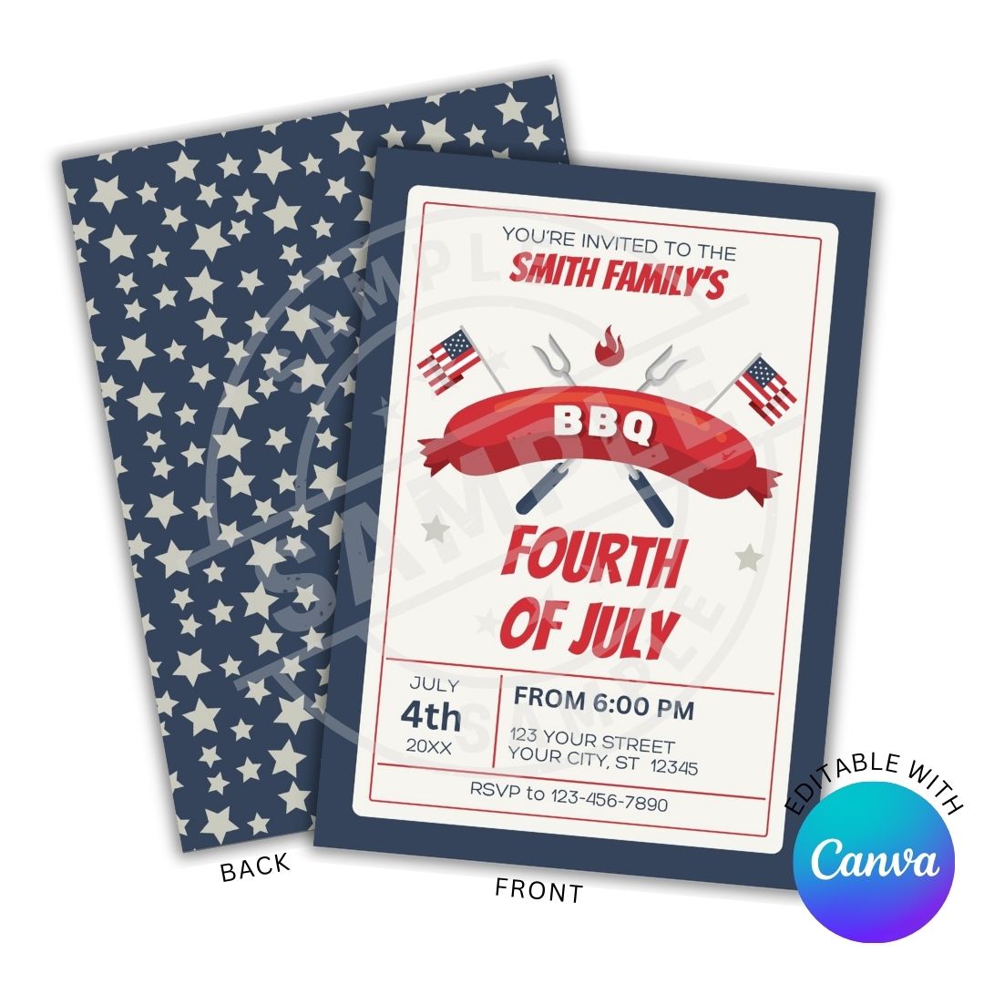 Fourth of July BBQ invitation with American flag design on a white background