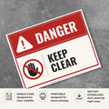 Printable Keep Clear Danger Sign for warehouses, construction sites, manufacturing facilities, loading docks, utility areas, and industrial workplaces. Professional workplace safety warning sign.