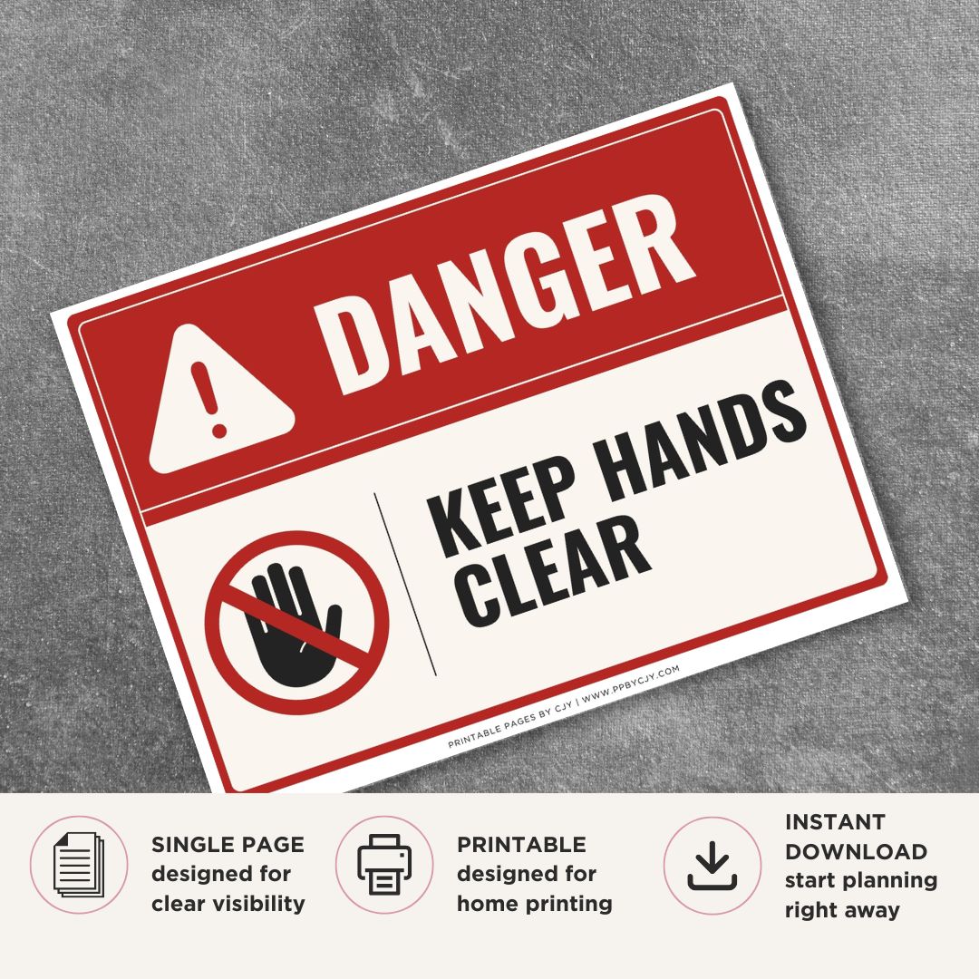 Printable Keep Hands Clear danger sign featuring a red warning design, prohibition hand symbol, and workplace safety message for machinery, pinch points, hazardous equipment, and industrial work areas.