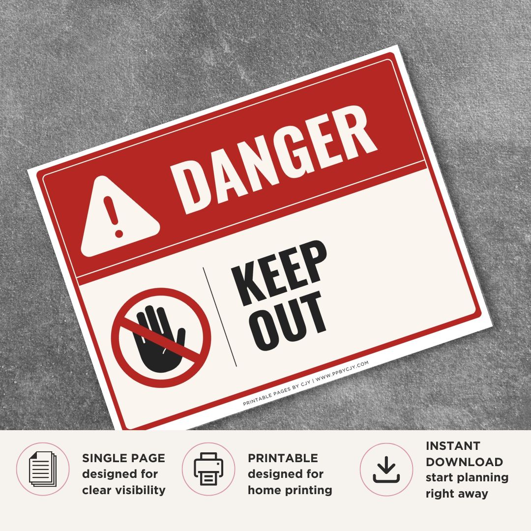 Printable Keep Out danger sign featuring a red warning design, prohibition symbol, and restricted access message for hazardous areas, industrial workplaces, construction sites, and private property.