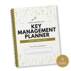 A spiral-bound Key Management Planner with a cream cover decorated with light beige key illustrations. The cover features bold black text reading 'KEY MANAGEMENT PLANNER' and a gold accent bar that says 'CHECKOUT + RETURN + TRACK'.