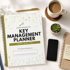 A spiral-bound Key Management Planner notebook is shown in a styled flat-lay arrangement on a white surface, alongside a cup of coffee, a pen, a small succulent, a smartphone, and another notebook.