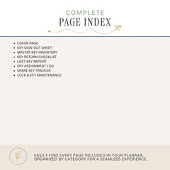 A beige and white informational graphic titled 'COMPLETE PAGE INDEX' listing included planner page types such as cover page, key sign-out sheet, master key inventory, key return checklist, lost key report, key assignment log, spare key tracker, and lock & key maintenance.