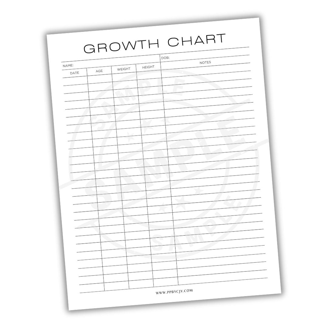 Growth chart with columns for name, age, weight, height, and notes on a white background.