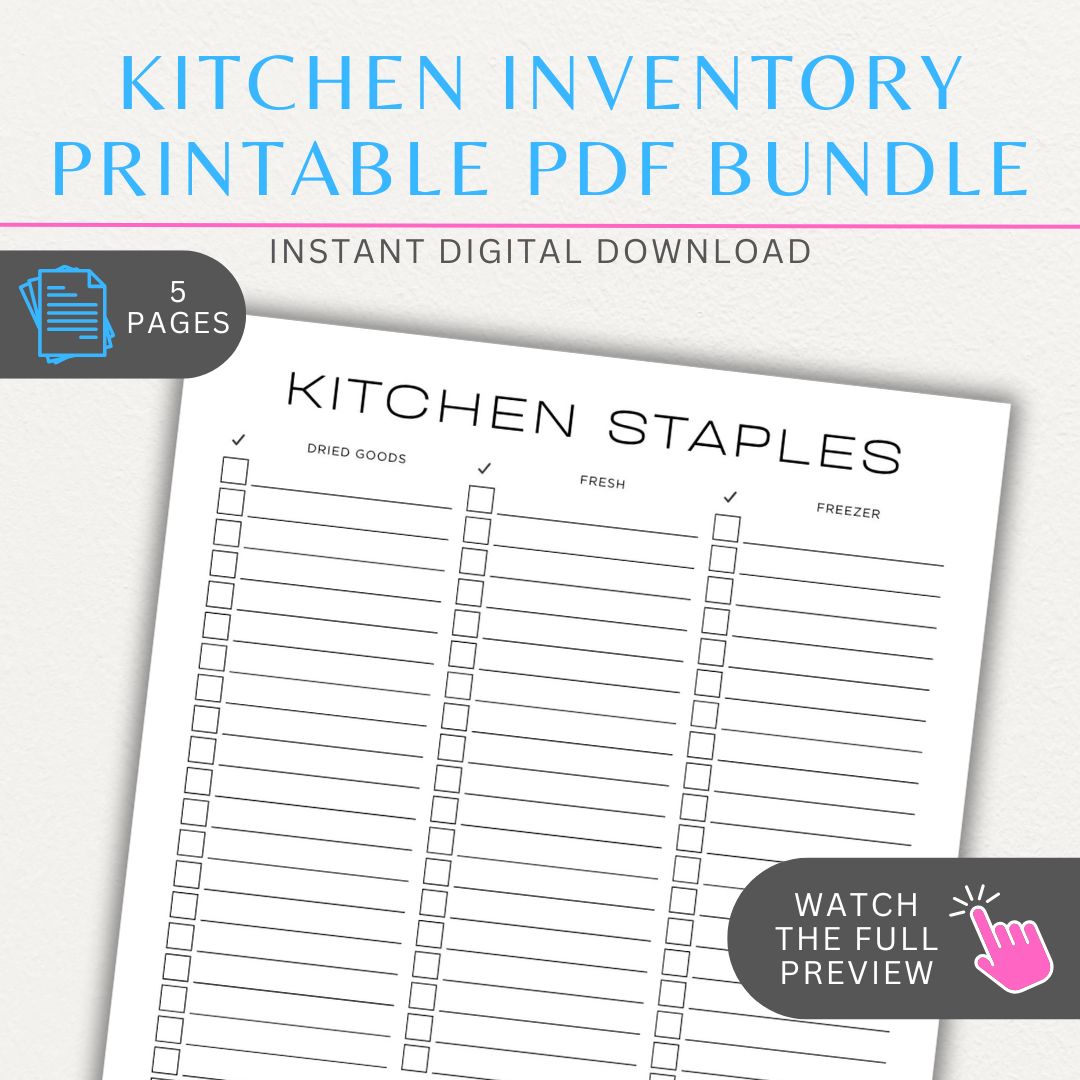 Kitchen inventory printable PDF template bundle with sections for freezer, fridge, pantry, spices, and stockpile tracking.

