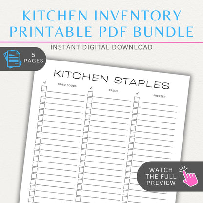 Kitchen inventory printable PDF template bundle with sections for freezer, fridge, pantry, spices, and stockpile tracking.

