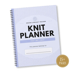 A spiral-bound 'Knit Planner' notebook with a light lavender cover featuring a subtle knit pattern, bold black text, and a gold circular badge in the bottom right corner that reads '15+ PAGES'.