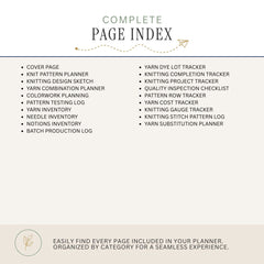 A digital preview of a planner's complete page index, showing a list of included pages such as a cover page, knitting planners, yarn combination planner, colorwork planning, pattern testing log, needle inventory, notions inventory, and batch production log, on a light beige background.