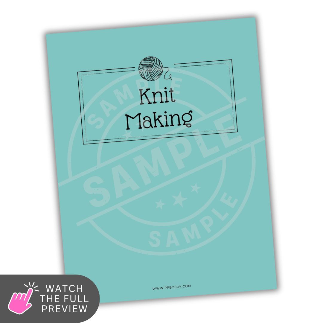 Teal planner cover with 'Knit Making' text and yarn ball icon on a white background