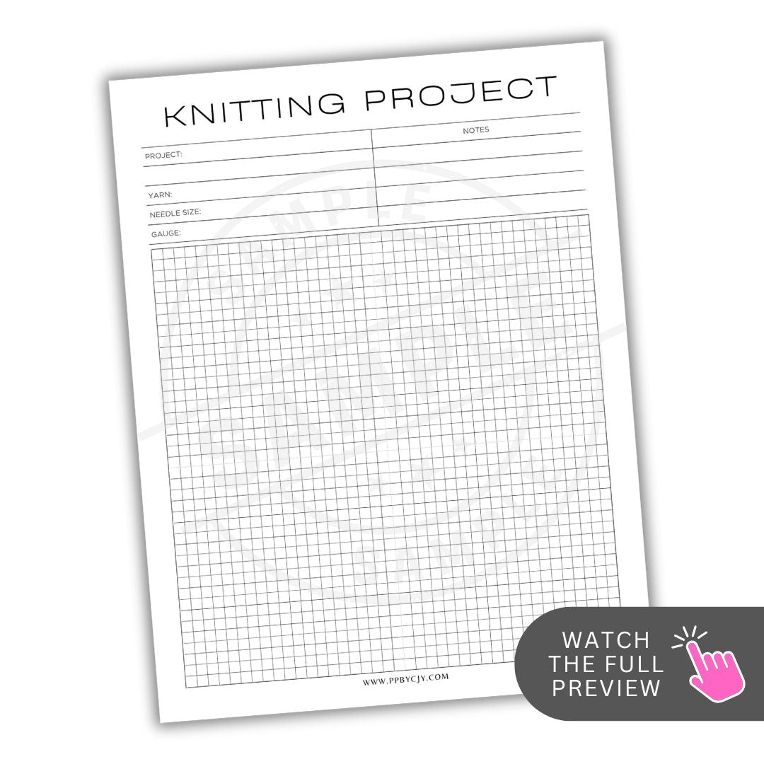 Knitting project planner sheet with grid and text on a white background