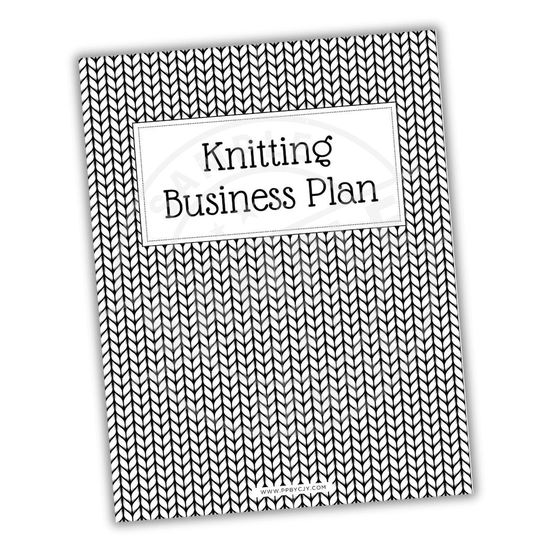 Book titled 'Knitting Business Plan' with a black and white patterned cover on a white background