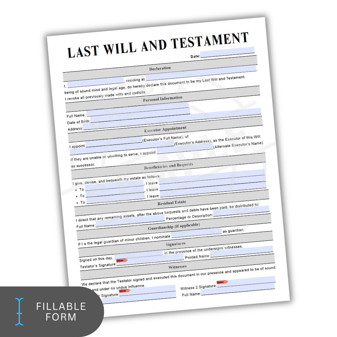 Last Will and Testament form on a white background