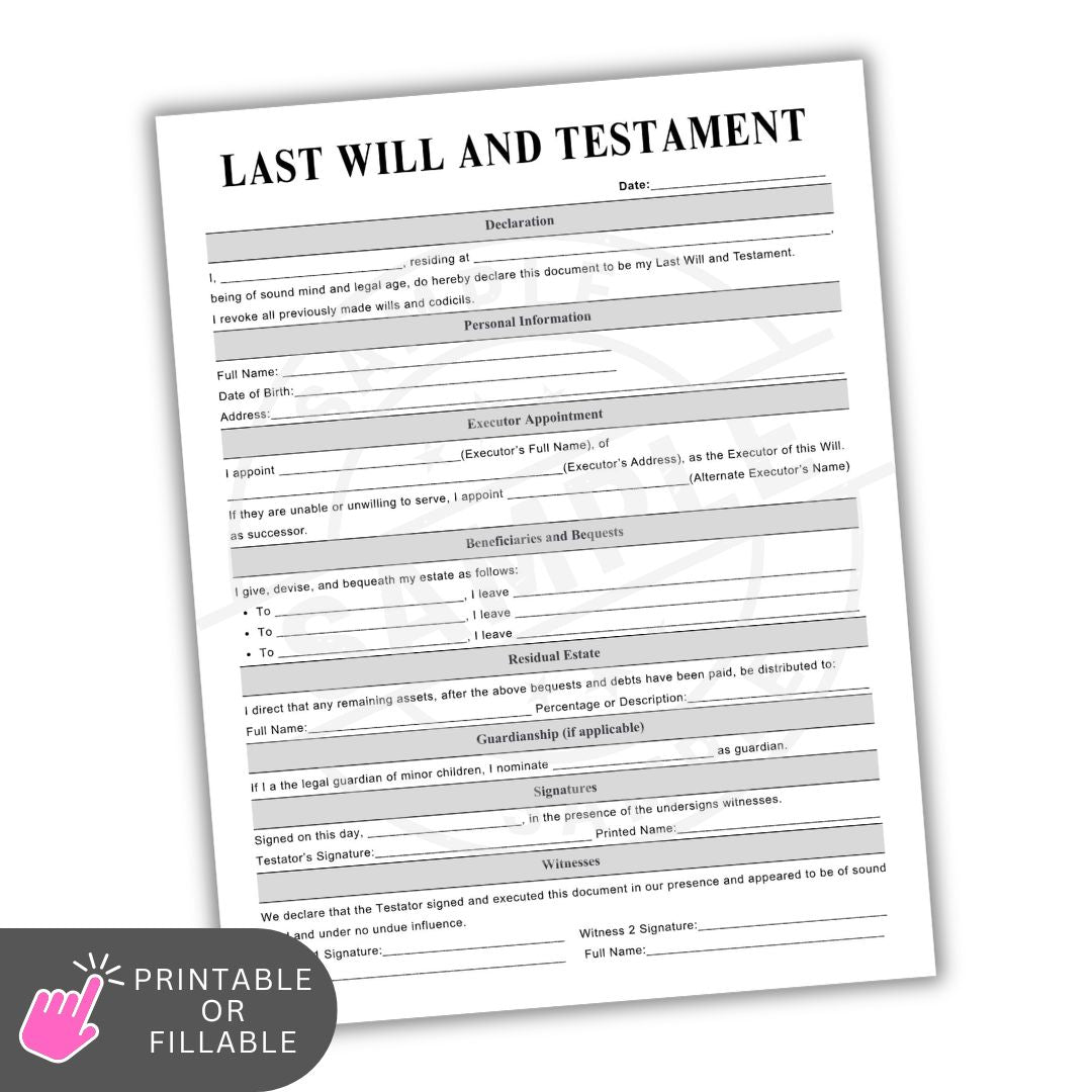 Last Will and Testament document on a white background with a hand icon and text indicating it is printable or fillable.