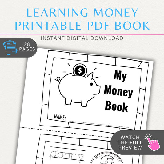 Learning Money Printable Book Template for kids featuring coin and bill recognition, counting practice, and financial literacy activities.

