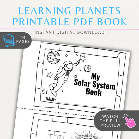 Learning Planets Printable PDF Book Template with fun facts, tracing, and activities for kids to explore the solar system.

