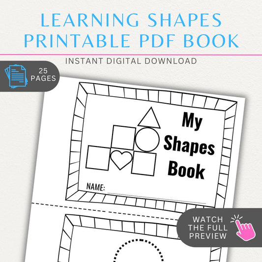 Learning Shapes Printable PDF Book Template for kids featuring shape tracing, recognition, and fun activities for early education.

