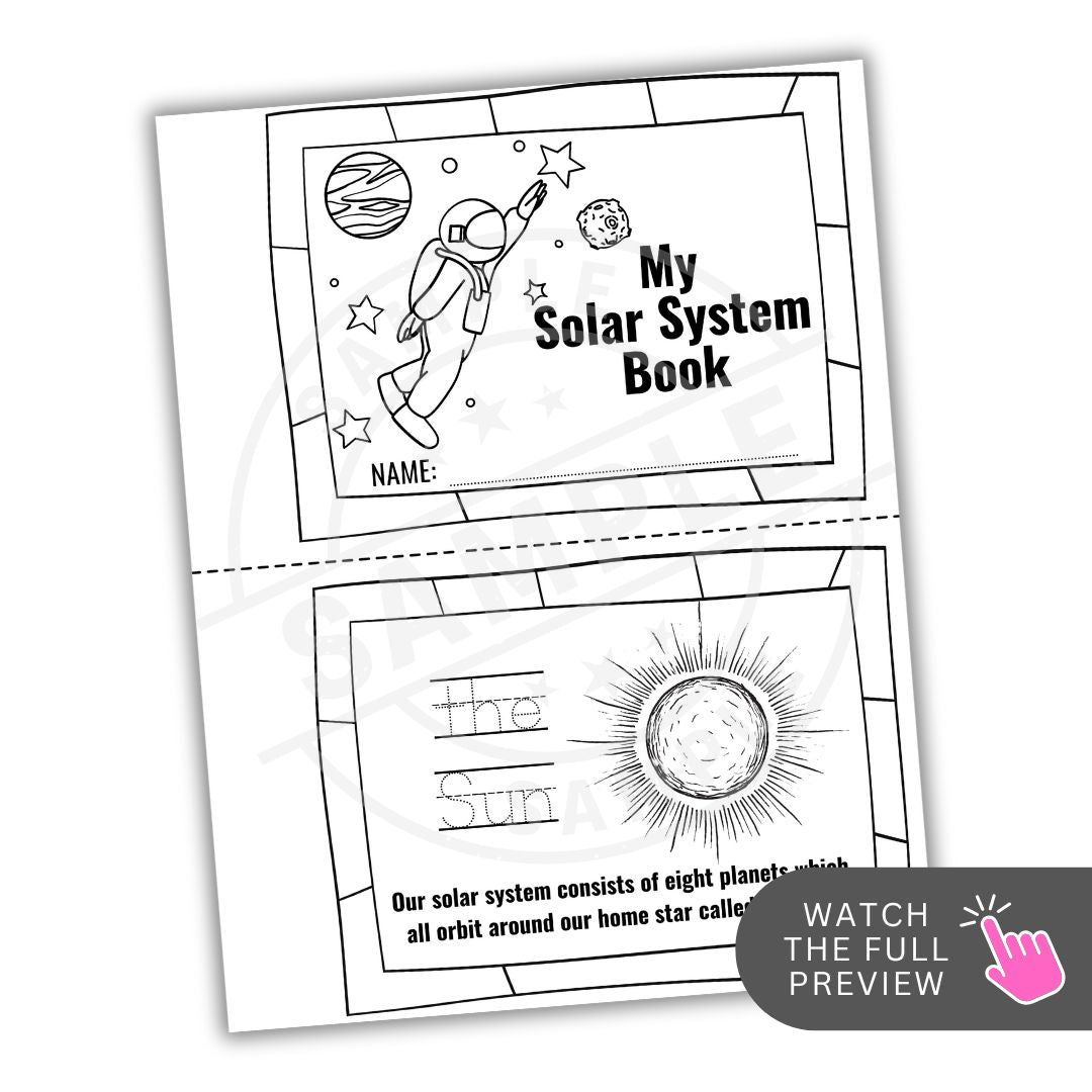 Solar system-themed coloring book with astronaut and sun illustrations on a white background.
