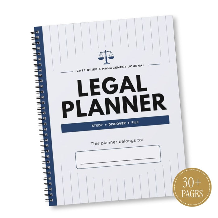 A spiral-bound Legal Planner journal with a white cover featuring blue pinstripes, bold black title text, and a navy blue spine band. A gold circular badge in the lower right corner reads '30+ PAGES'.
