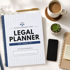 A spiral-bound legal planner journal with a white lined cover and navy blue side band, styled on a light surface with a coffee cup, pen, phone, small plant, and another notebook nearby.